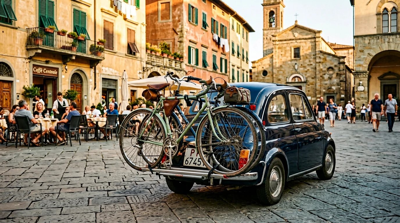 Voiture avec porte-vélo en centre-ville italien