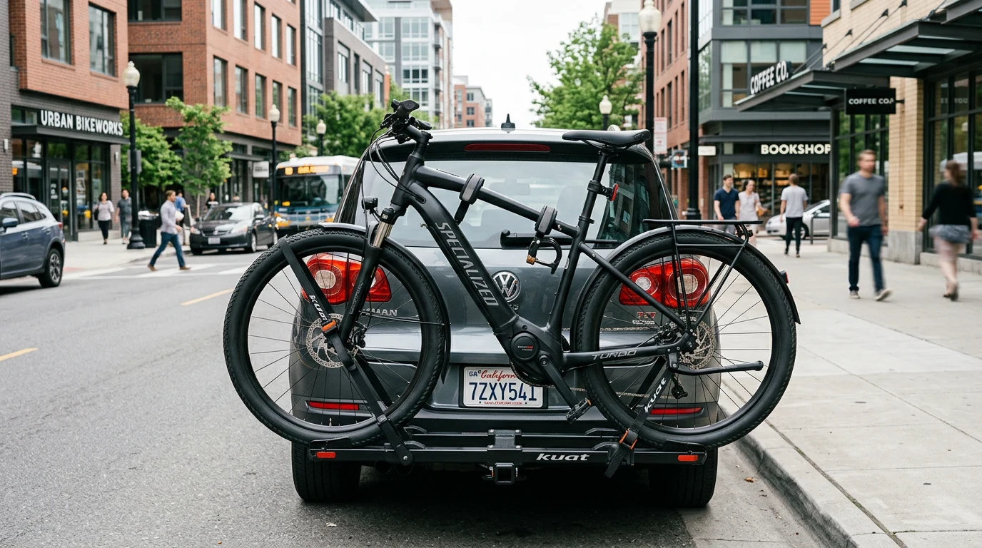 Vélo électrique fixé sur porte-vélo