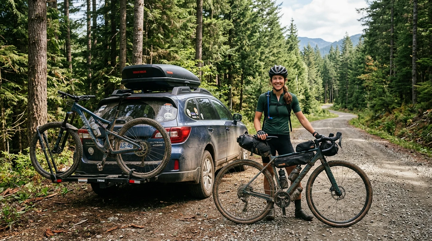 Cycliste à côté d'une voiture équipée d'un rack