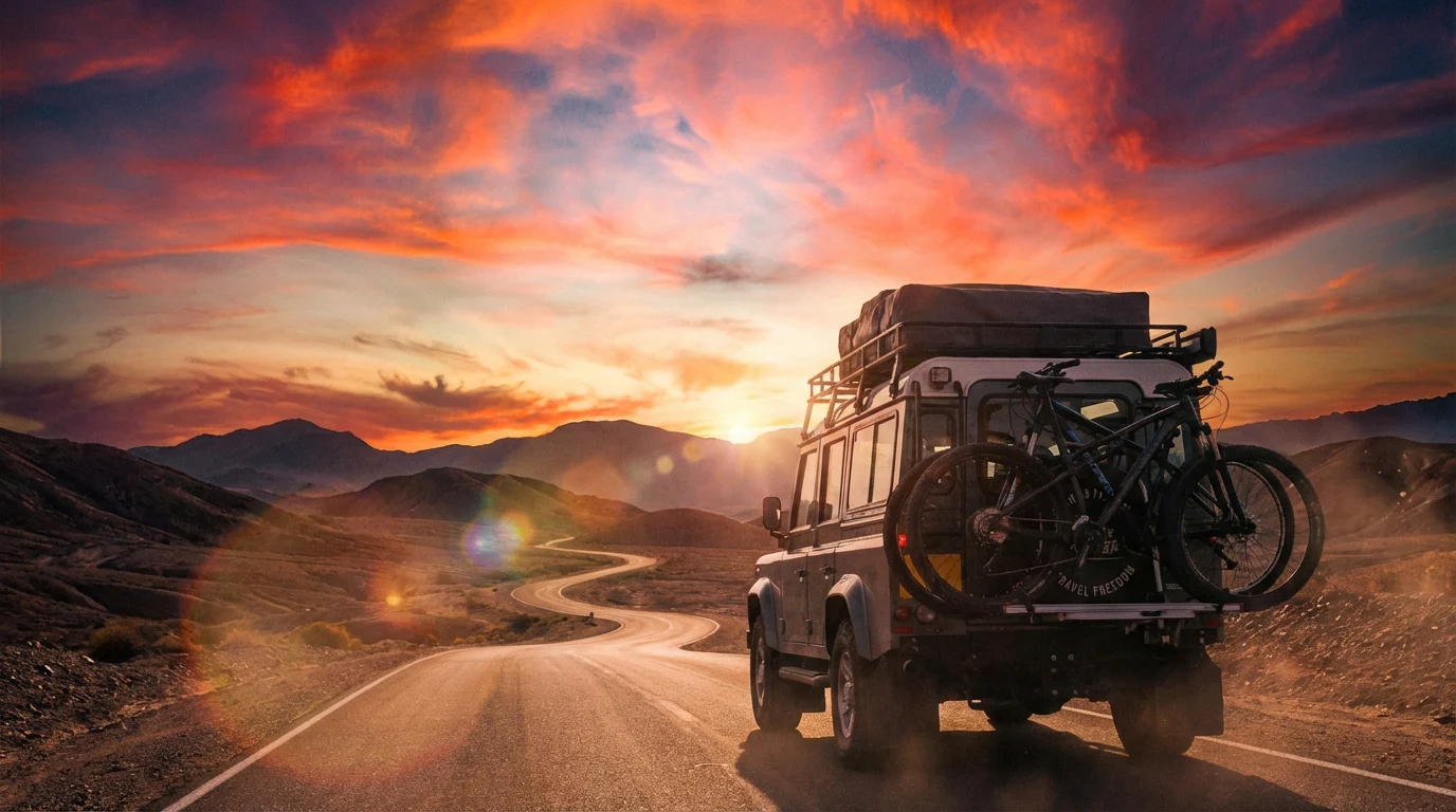 SUV avec porte-vélo au coucher du soleil